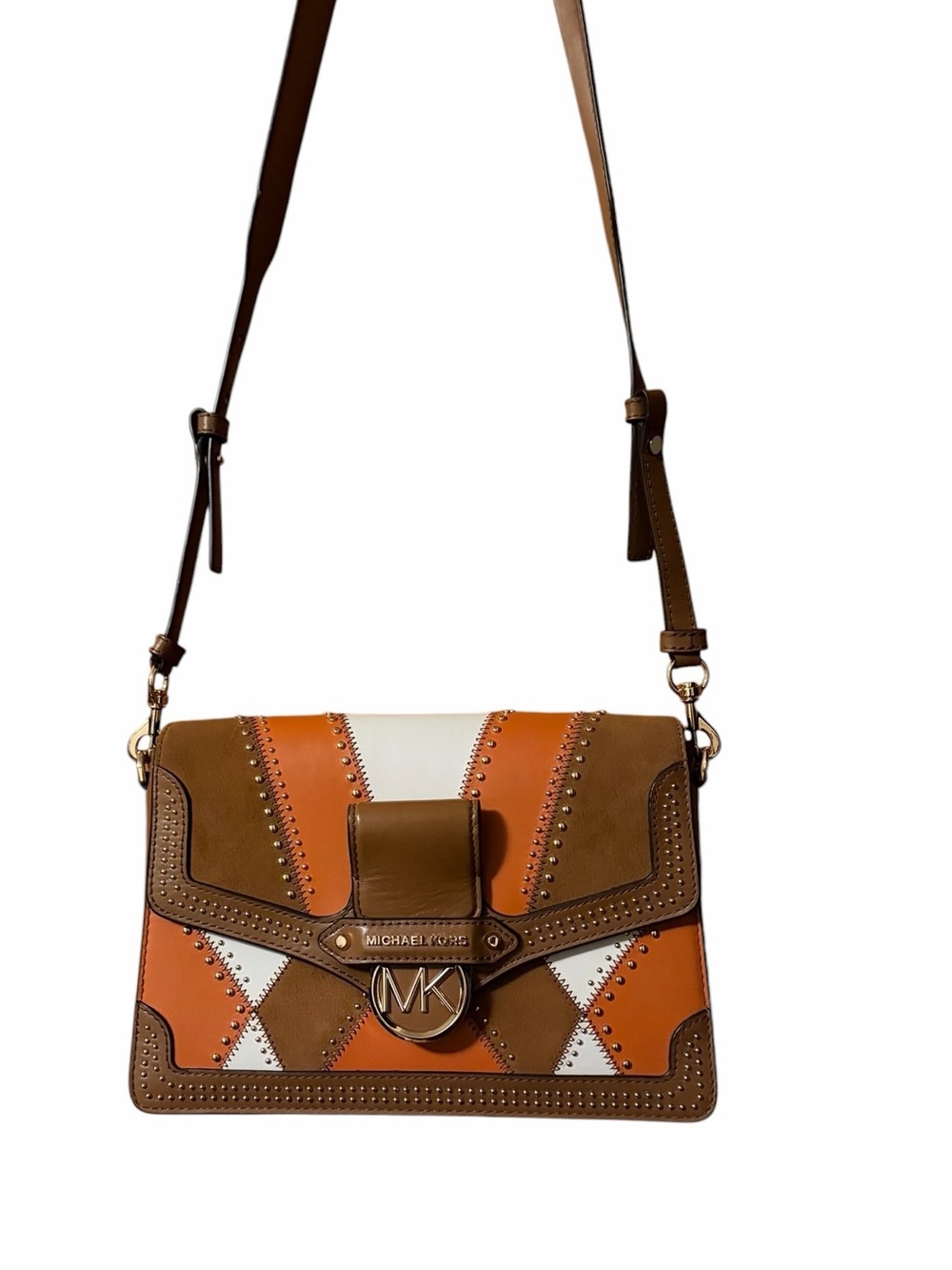 Michael Kors Brown, Orange & White Leather Crossbody with Stud Accents